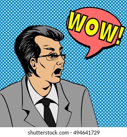 Wow bubble pop art surprised man face. Pop Art illustration of a comic style, man speech bubble. Hand drawn vector illustration.