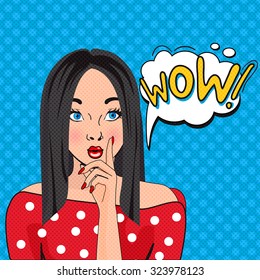 WOW bubble pop art. Thoughtful woman with pouty lips. Vintage comic poster with a girl. Pop Art illustration of a woman with the speech bubble. Party invitation. Birthday greeting card
