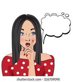 WOW bubble pop art. Thoughtful woman with pouty lips isolated on white background. Vintage comic poster with a girl. Pop Art illustration of a woman with the speech bubble. Party invitation.