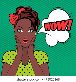 WOW bubble pop art woman face with open mouth. Vector illustration