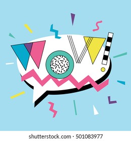 WOW card. Retro 80s and 90s style vector art, poster. Bright vintage banner. Abstract pattern in Memphis style.