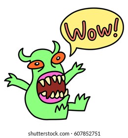 Wow! Cartoon monster screaming. Speech Bubble. Vector illustration. Funny cute emoticon character.