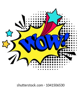 WOW cartoon patch, pop art style coloful icon with stars, vector illustration