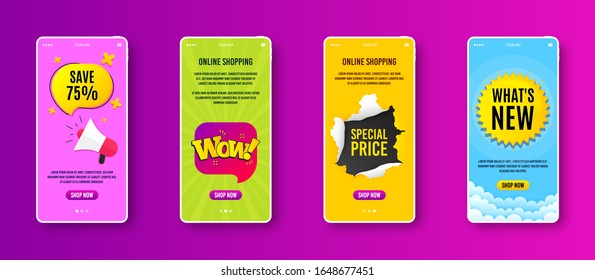 Wow chat bubble badge. Phone screen banner. Discount banner shape. Sale coupon icon. Sale banner on smartphone screen. Mobile phone web template. Wow bubble promotion. Vector