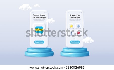 Wow chat bubble banner. Phone mockup on podium. Product offer 3d pedestal. Discount sticker shape. Sale coupon icon. Background with 3d clouds. Wow bubble promotion message. Vector