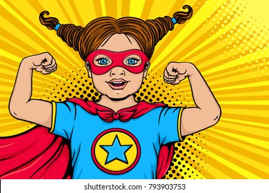 Wow child face. Cute surprised blonde little girl dressed like superhero with open mouth shows her power and strength. Vector illustration in retro pop art comic style. Kids party nvitation poster.