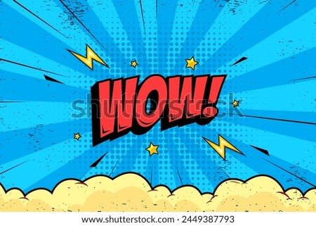 wow comic background with cloud and stars cartoon vintage style design on blue