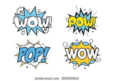 Wow comic blast with blue, white, and yellow color. Pow comic explosion with yellow and blue color. Comic burst with colorful pop and wow. Pop explosion bubbles for cartoon speeches.