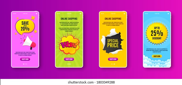 Vaya, insignia cómica de burbuja. Cartel de la pantalla del teléfono. Forma de pancarta de descuento. Icono de cupón de venta. Banner de venta en la pantalla del smartphone. Plantilla web de teléfono móvil. Vaya promoción de burbujas. Vector