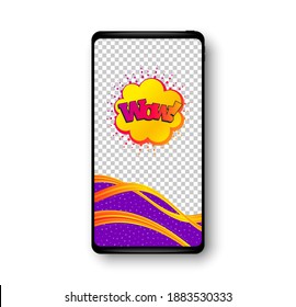 Wow comic bubble banner. Phone mockup vector banner. Discount sticker shape. Sale coupon icon. Social story post template. Wow bubble badge. Cell phone frame. Liquid modern background. Vector