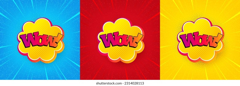 Wow comic bubble banner. Sunburst offer banner, flyer or poster. Discount sticker shape. Sale coupon icon. Wow bubble promo event banner. Starburst pop art coupon. Special deal. Vector