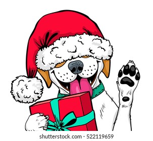 Wow comic dog face. Funny surprised dog in Santa Claus hat with open mouth and gift box rises his paw up. Vector cartoon hand-drawn Christmas illustration in comic style isolated on white background.