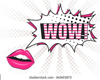 Wow! Comic pop art lips and speech Bubble. Cartoon  vector background .