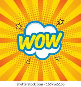 wow el vector de arte pop cómico con estrella aislada en fondo de ráfaga amarillo y naranja