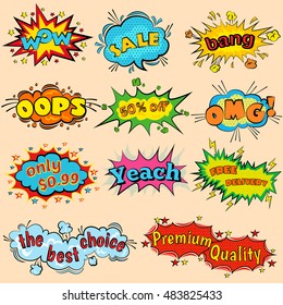 Wow Comic sound effects in pop art vector style. Sound bubble speech with halftone word  expression sounds illustration. Burst best graphic effect with label and text in retro style
