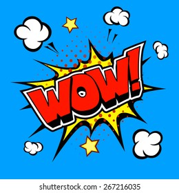 Wow! Comic  Speech Bubble, Cartoon Vector On Blue Background 