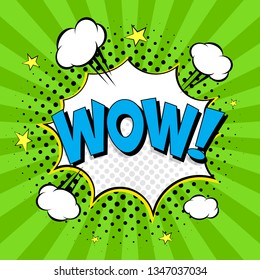 WOW! Comic speech bubbles. Pop art vector label illustration. Vintage comics book poster on blue background. Colored funny font. 