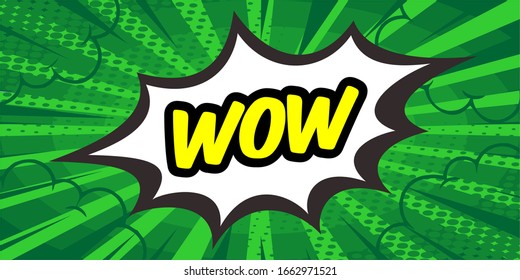 wow comic speech isolated on green burst background