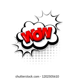 WOW comic text collection sound effects pop art style. Set vector speech bubble with word and short phrase cartoon expression illustration. Comics book red colored background template.