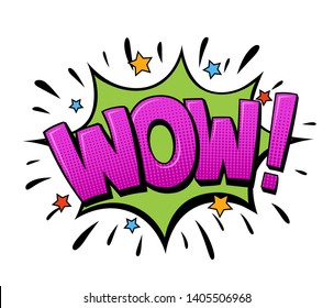 Wow comic text speech bubble lettering. Pop art chat exclamation. Speech bubble word. Cartoon vector typographic inscription. Bright colorful volume font