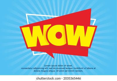 Wow comic text speech bubble. Colored pop art style sound effect. Halftone vector illustration banner. Vintage comics book poster.