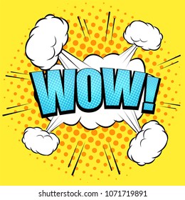 Wow comic wording concept with turquoise inscription white speech bubble clouds sound and halftone effects on yellow background. Vector illustration