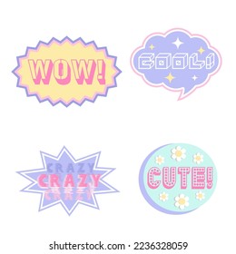 Wow, cool, crazy,cute stickers. Vector illustration of y2k, 2000s, 1990s, 1980s graphic design. Comic element for sticker, poster, graphic tee print, bullet journal cover, card. Bright colors