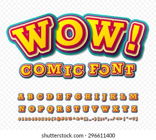 Wow. Creative high detail comic font. Alphabet in style of comics, pop art. Multilayer funny colorful 3d letters and figures for decoration of kids' illustrations, websites, posters, comics, banners