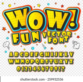 Wow. Creative high detail font for your design. 3D alphabet in the style of comics. Graphics pop - art on transparent background. Bright cartoon comic. Kids letters. 