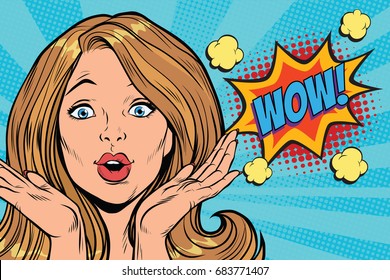 Wow Delight Pop Art Woman Face. Pop Art Retro Comic Book Vector Illustration