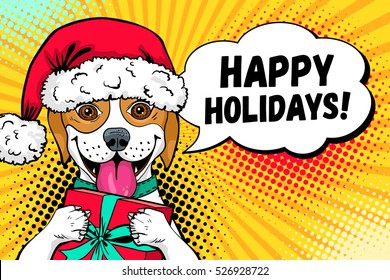 Wow dog face. Funny surprised dog in Santa Claus hat with open mouth and gift box in his paws and Happy Holidays speech bubble. Vector Christmas illustration in retro comic style. New Year background.