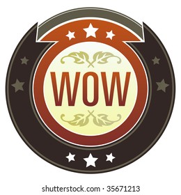 Wow e-commerce icon on round red and brown imperial vector button with star accents suitable for use on website, in print and promotional materials, and for advertising.
