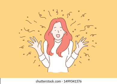 Wow effect concept. A girl with a surprised face takes a gift or a surprise. Excited screaming young woman. Simple flat vector.