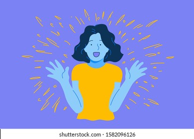 Wow effect concept. A girl with a surprised face takes a gift or a surprise. Excited screaming young woman. Simple flat vector.