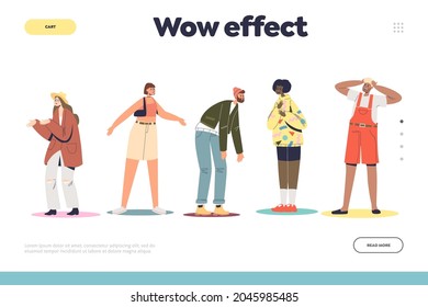 Wow effect concept of landing page with surprised and amazed people reactions on stress situation and amazement. Emotional astonished cartoon characters with unexpected news. Flat vector illustration
