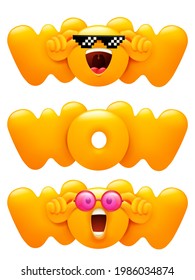 Wow emoji icon set with emoticon yellow character. 3d cartoon style. Vector illustration