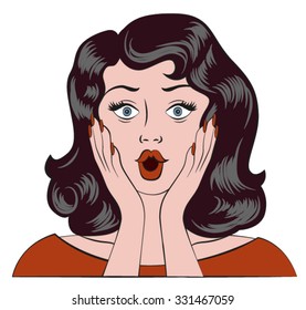 Wow emotion. Woman was surprised and put her hands to her cheeks. Cartoon illustration