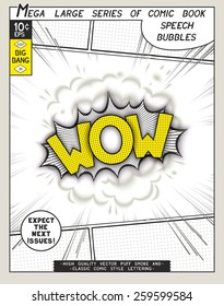 Wow. Explosion in comic style with lettering and realistic puffs smoke. 3D pop art speech bubble. Vector graphics CMYK