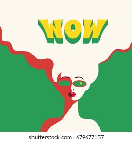 WOW expression concept. Shocked blonde woman face with open mouth in sun glasses. Surprised girl in pop art retro style. Cool wow bubble text on white background . Vector vintage illustration