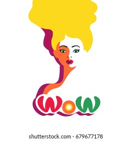 WOW expression concept. Shocked blonde woman face with open mouth, wide open eyes. Surprised cool girl in pop art retro style on white background. Wow bubble text. Vector vintage illustration