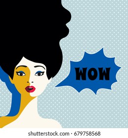 WOW expression concept. Shocked pretty woman face with open mouth, wide open eyes. Surprised cool girl in pop art retro style on grunge background. Wow bubble text. Vector vintage illustration