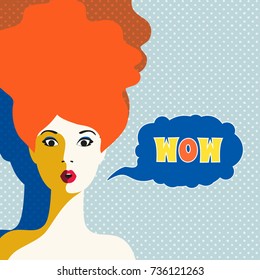 WOW expression concept. Shocked pretty woman face with open mouth, wide open eyes. Surprised cool girl in pop art retro style on grunge background. Wow bubble text. Vector vintage illustration