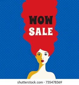 WOW expression concept. Shocked young woman face. Design idea for price discount advertisement. Surprised girl in pop art retro style on white background. Wow sale text. Vector vintage illustration