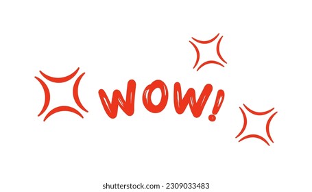 Icono de expresión WOW en el fondo de la luz. Símbolo de letras del cómic. Plantilla de texto, explosión, bam, pegatina. Estilo dibujado a mano. Diseño plano. Ilustración vectorial.