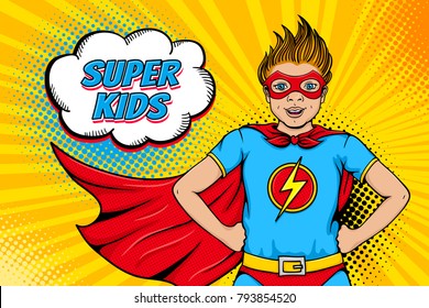 Wow face. Cute surprised little boy dressed like superhero with open mouth shows his power and Super Kids speech bubble. Vector illustration in retro pop art comic style. Party invitation poster.
