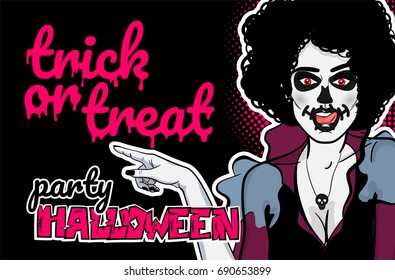 Wow face poster party. Pop art Halloween evil zombie makeup sexy woman character cartoon comic book text.  Vector vintage halftone dot illustration invitation. Trick or treat.
