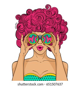 Wow face. Sexy surprised woman with pink curly hair and open mouth holds binoculars in her hands with inscription wow in reflection. Vector object in pop art retro style isolated on white background.