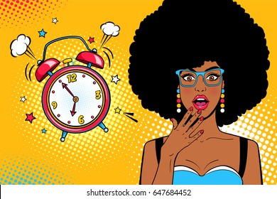 Wow Face. Sexy Young Surprised African American Woman With Open Mouth And Afro Hair, Bright Makeup And Alarm Clock Ringing. Vector Background In Pop Art Retro Comic Style. Party Invitation Poster.