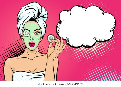 Wow face. Sexy young  woman housewife with open mouth in bath towel with cosmetic mask holding slice of cucumber and empty speech bubble. Vector bright background in pop art retro comic style.