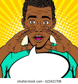 Wow face. Young surprised afro american man in t-shirt with open mouth and rising hands screaming announcement and empty speech bubble. Vector background in comic retro pop art style. Party invitation